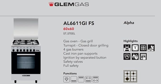 Glem Gas – 60 cm Gas Oven with Gas Grill and 4-Burner Hob
